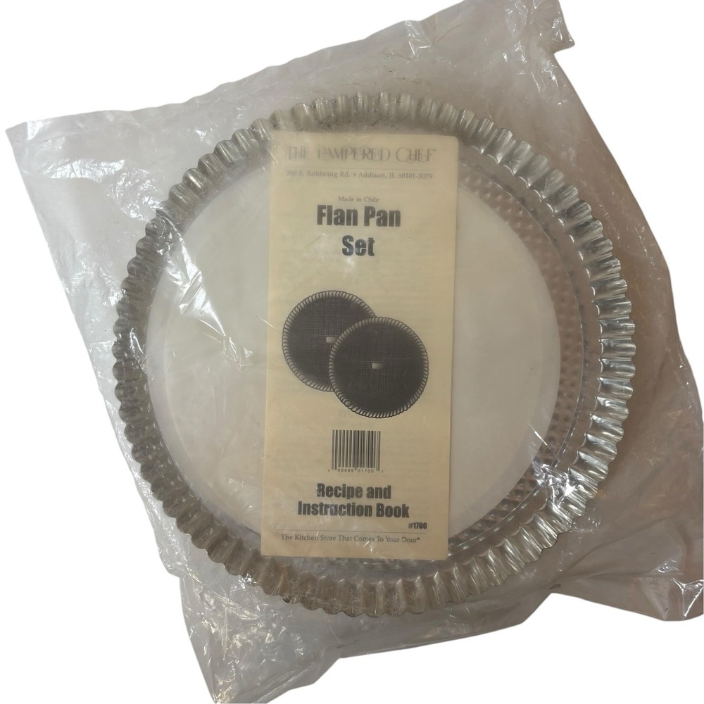 Pampered Chef Flan Pan Set #1700 Two 10" Pans w/ Instruction & Recipe Book ~NEW